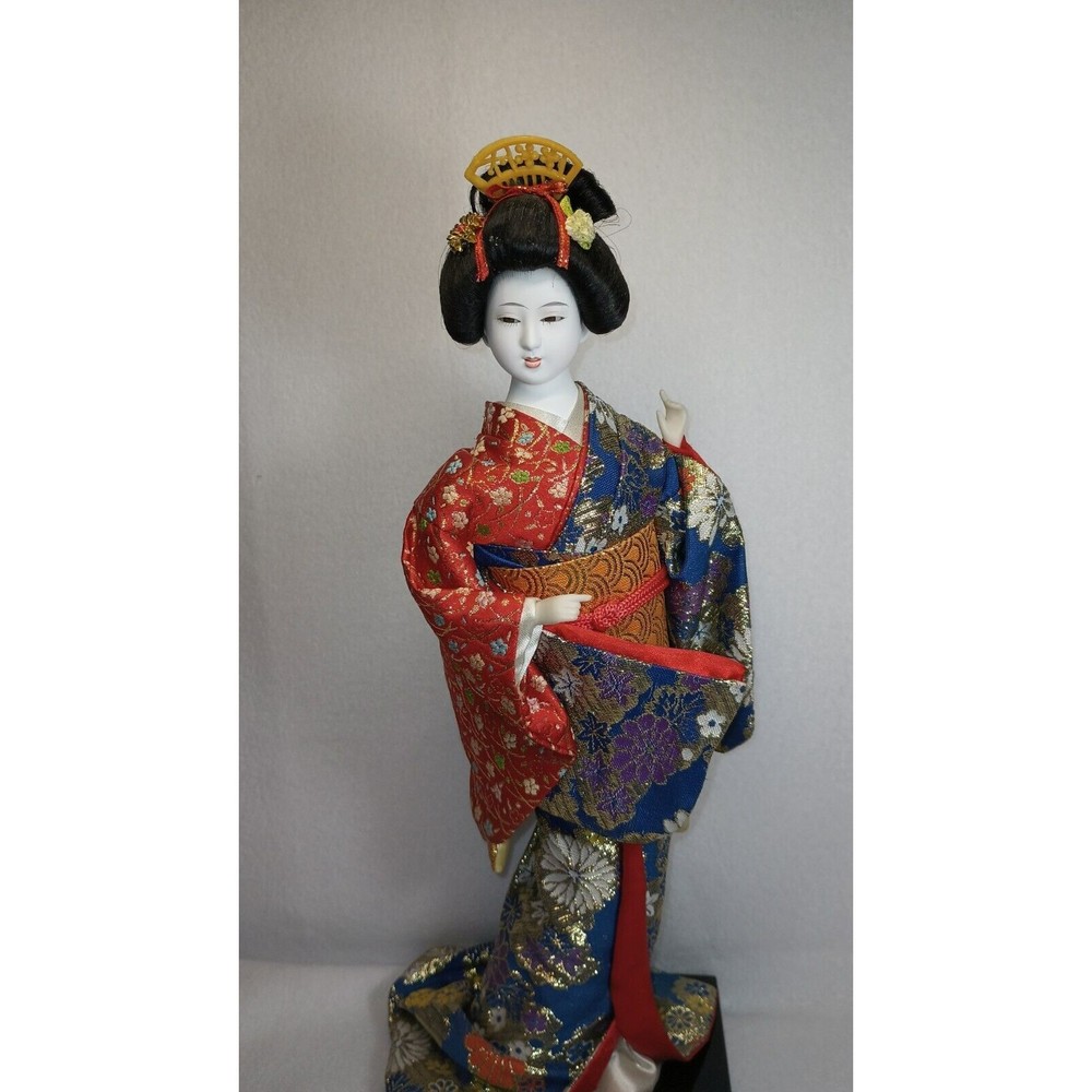 Japanese Porcelain Geisha Figurine With Silk Kimono 16” Tall